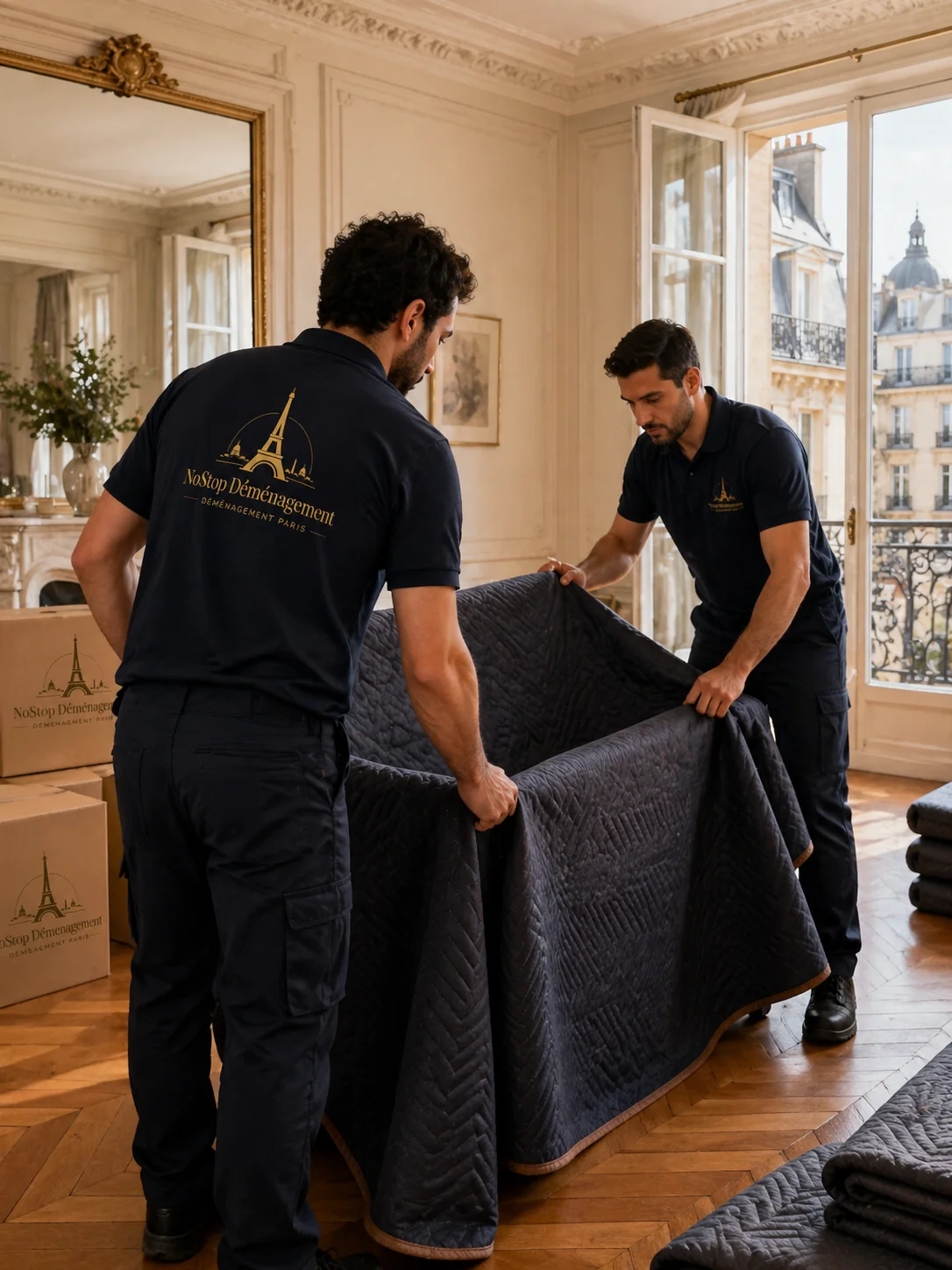 Déménageurs NoStop Déménagement emballant des meubles à Paris