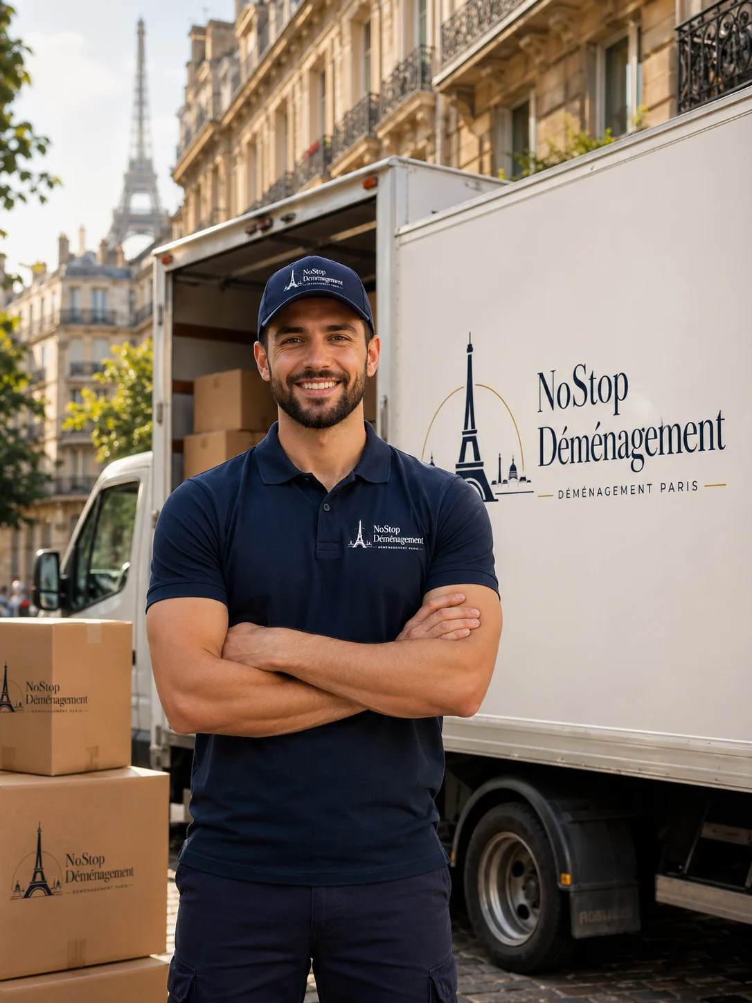 Déménageur Paris professionnel NoStop Déménagement — équipe en uniforme navy devant camion blanc et immeuble haussmannien Paris